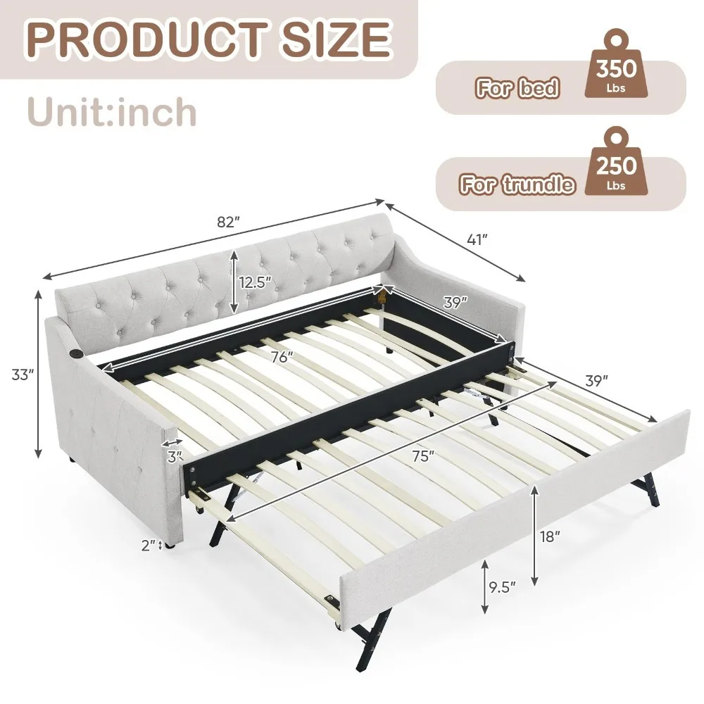 Daybed with Pop Up Trundle, Modern Button Tufted Linen Upholstered Sofa Bed Frame, Twin to King Size Day Bed w/USB &