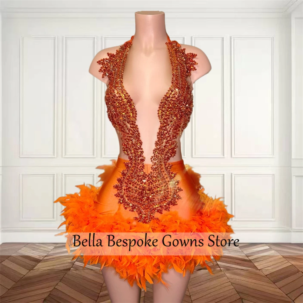 Orange Halter Short Prom Dresses Black Girl Bead Crystal 2024 Birthday Luxury Dress Feathers Mini Cocktail Homecoming Customized image 2
