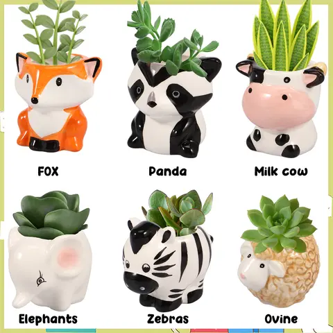 6Pcs Animal Ceramics Planter Ceramic Succulent Pots with Drainage Hole Cute Cartoon Animal Shaped Succulent Planter for Home