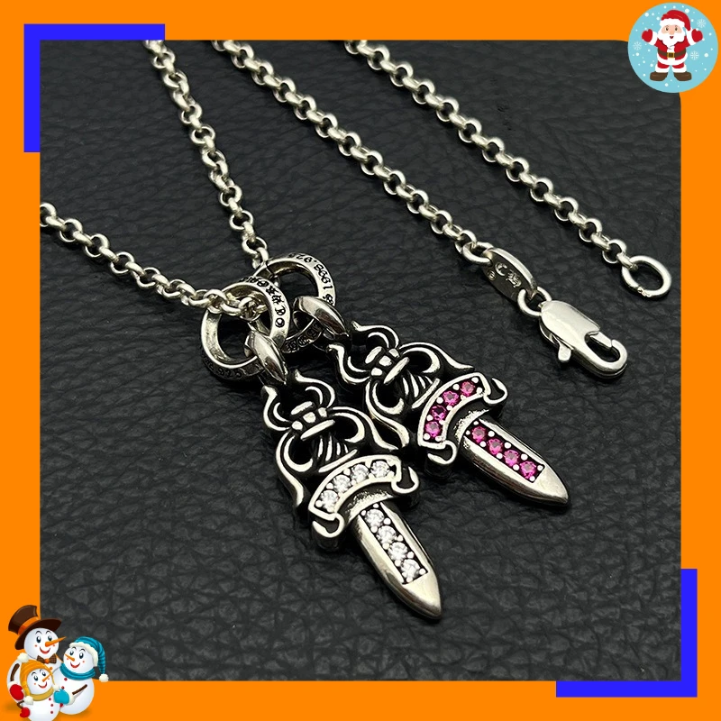 Premium Retro Feeling Diamond-encrusted Double Sword Necklace American Old Classic Pendant Men's and Women's Personalized Stacke