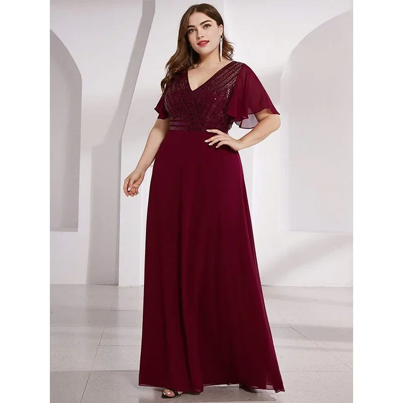 Vestido largo hasta el suelo de gasa con lentejuelas a rayas Burdeos de talla grande, elegante vestido de noche de verano con cuello en V, 4xl, 5xl