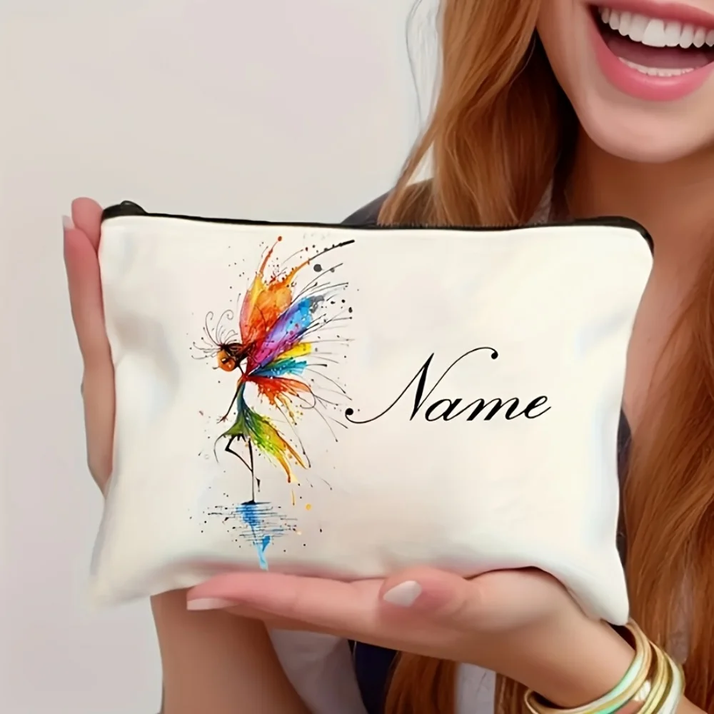 Dual-Sided Cartoon Print Cosmetic Pouch - Personalized Makeup Bag with Custom Name - Beige Zippered Toiletry & Pen Organizer