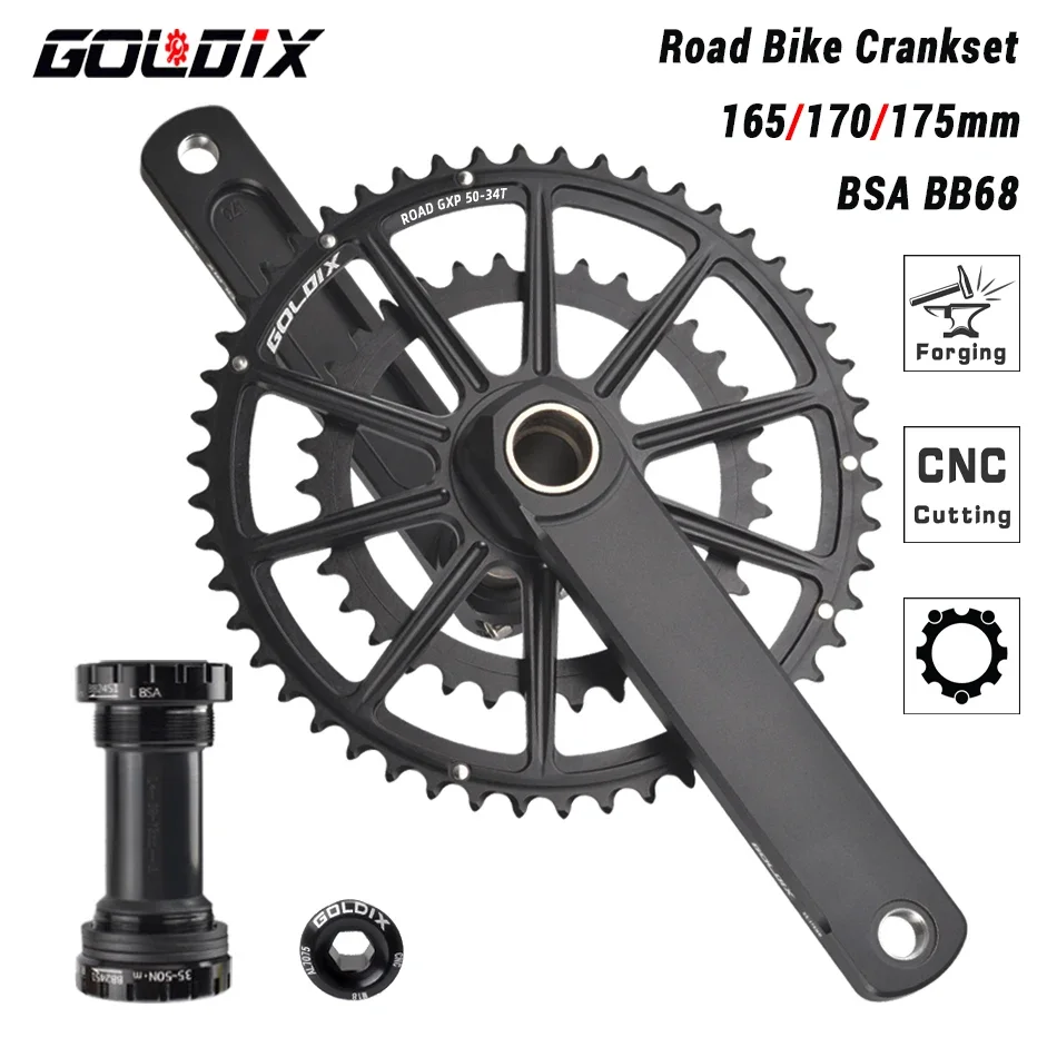 【セール中】GOLDIX ロードバイククランクセット 165/170/172.5/175 ミリメートル長さアルミ合金鍛造自転車クランクダブルチェーンリング 50-34T/52-36T/53-39T