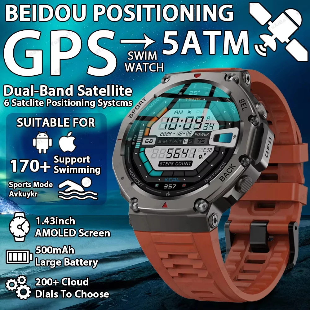 

DM58 Умные часы с GPS на открытом воздухе 1,43-дюймовый AMOLED-экран BT Call Поддержка ГЛОНАСС BDS Galileo NAVIC 5ATM Водонепроницаемые спортивные умные часы