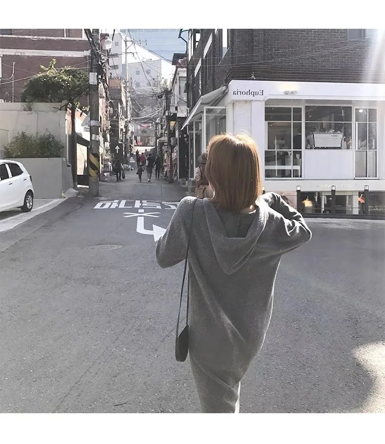 Vestido suéter elegante para mujer, jersey de lana merina 100 con capucha y cuello en V, ropa de punto para otoño e invierno, falda larga recta, vestido largo informal