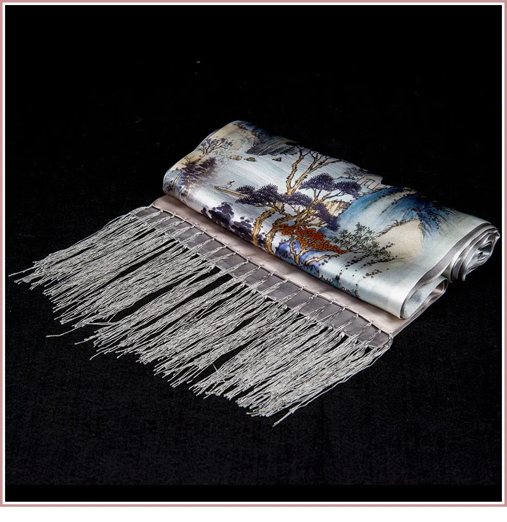 100% Pure Silk Scarf for Men Long Silk Shawl Designer Scarf Top Print Chinese Painting Male Shawl Hot Luxury Gift for Gentlemen