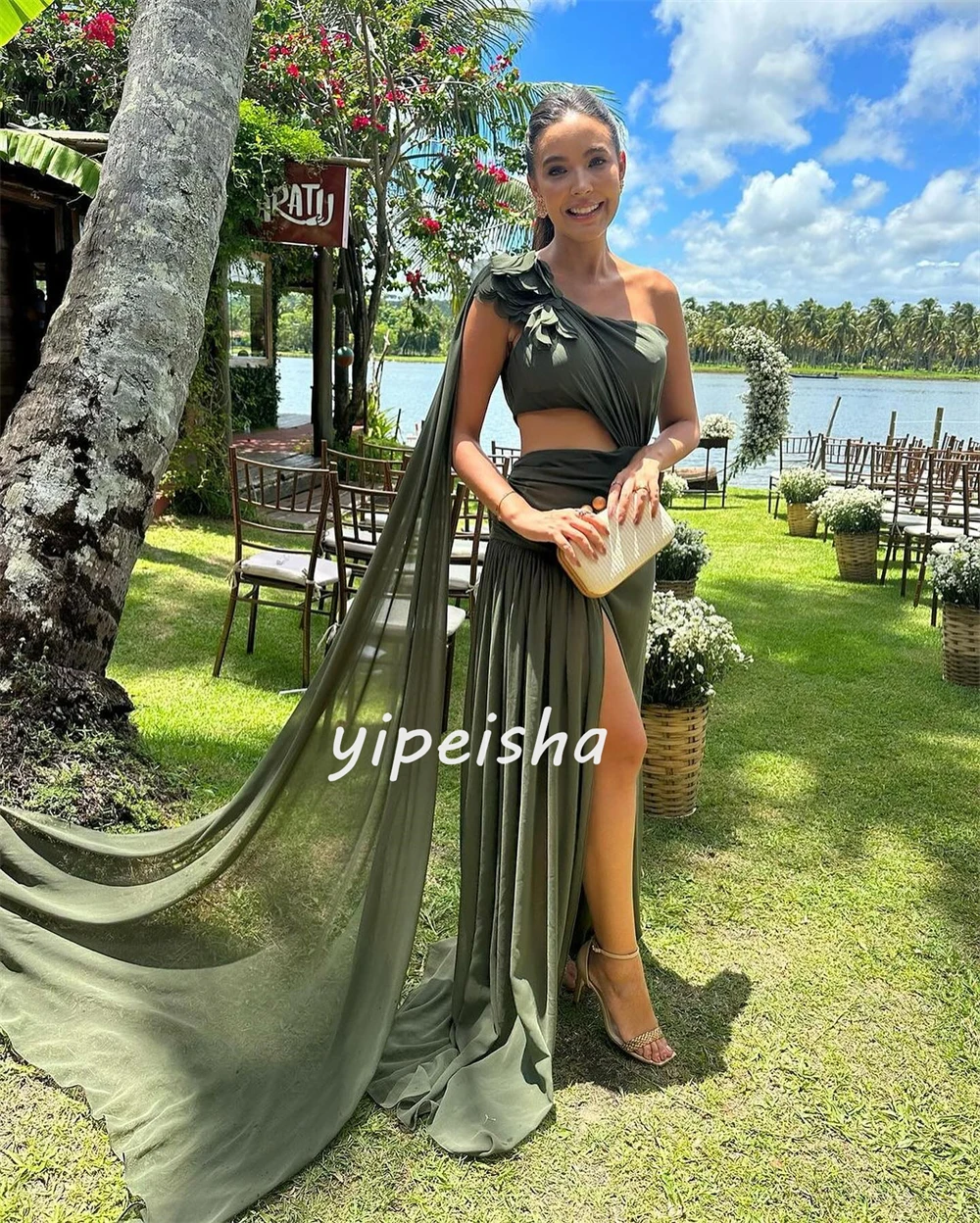 Customized Jersey Flower Ruched Party A-line One-shoulder Bespoke Occasion Gown Long Dresses