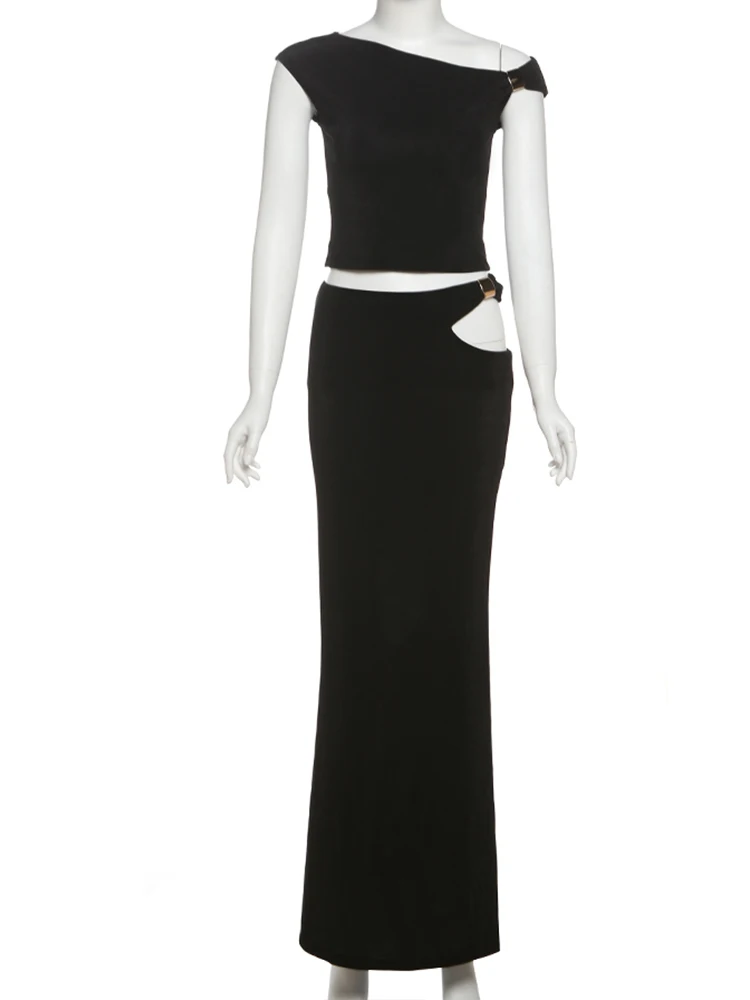 Whatiwear عقدة معدنية 2 قطعة مجموعة النساء انحراف طوق المحاصيل القمم + غير النظامية جوفاء التنانير الطويلة منتصف الليل حفلة موسيقية ملابس أنيقة