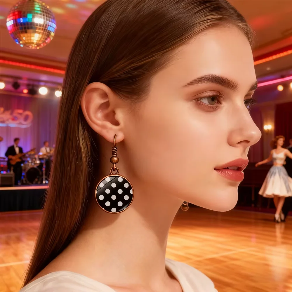 PESENAR Brincos pendentes de bolinhas pretas e brancas estilo anos 1950 para acessório de festa de fantasia retrô vintage