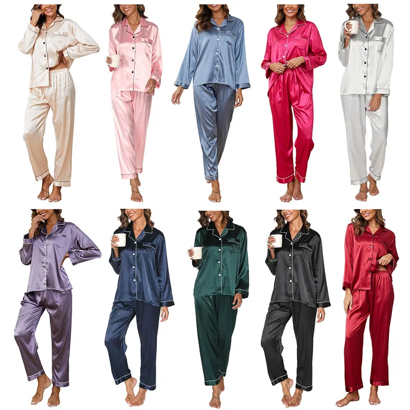 2 Pcs/Set Pajamas Women Long-Sleeved Long Pants Silk Plus Size Ladies Home Wear Lapel Shirt Pants Home Leisure Suit Xl Couple