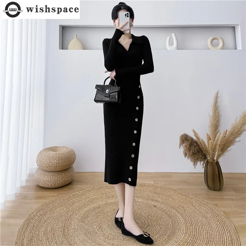

French Dress Autumn and Winter New Korean Version Waist Cinching Mid Length Hip Hugging Skirt Tight Knit Dress