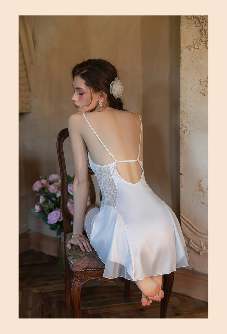 Sexy Dessous Pyjamas Damen Nachthemden Sommer Eisseide mit Brustpolster Unterwäsche Kleine Brust Spitze Straps Nachthemd Dünn – Detail 6