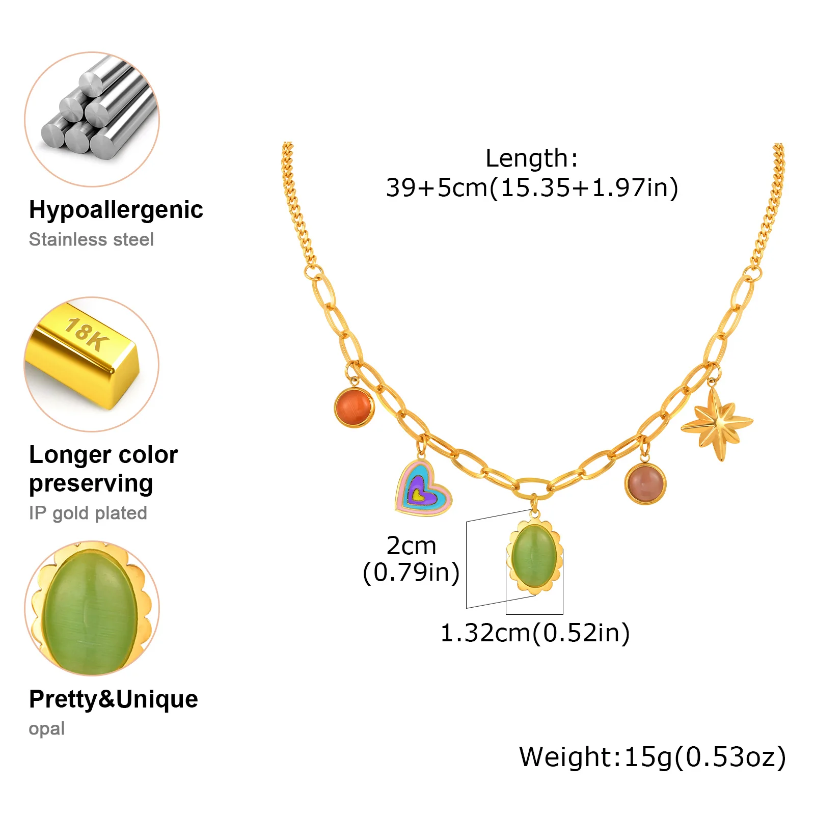 Colorful Heart-shaped Necklace for Women,Eight-pointed Cat's Eye Stone Pendant,Women's Stainless Steel Necklaces,Trendy Jewelry