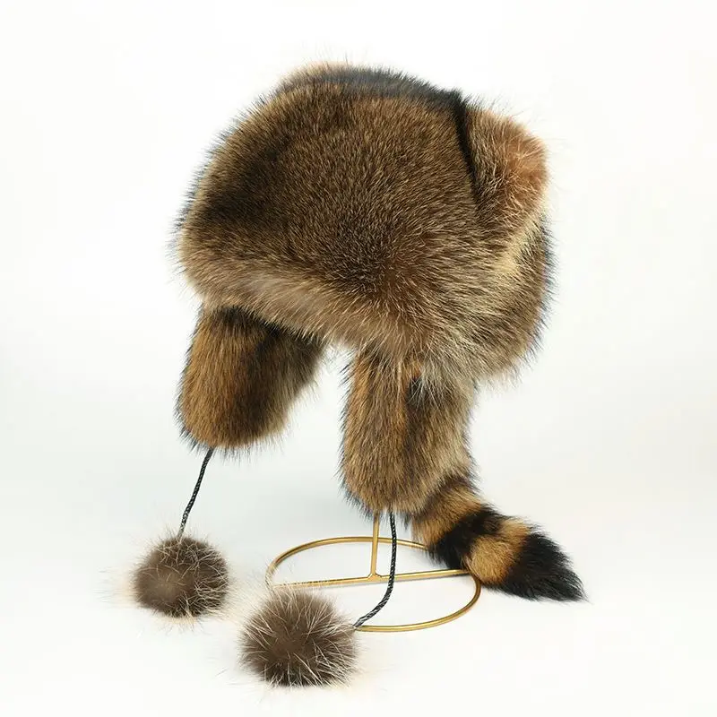 Lady Real Raccoon Fur Cap Tail Women Natural Raccoon Fur Caps Ushanka Hats for Winter Thick Warm Ears Fashion Bomber Pom Pom Hat