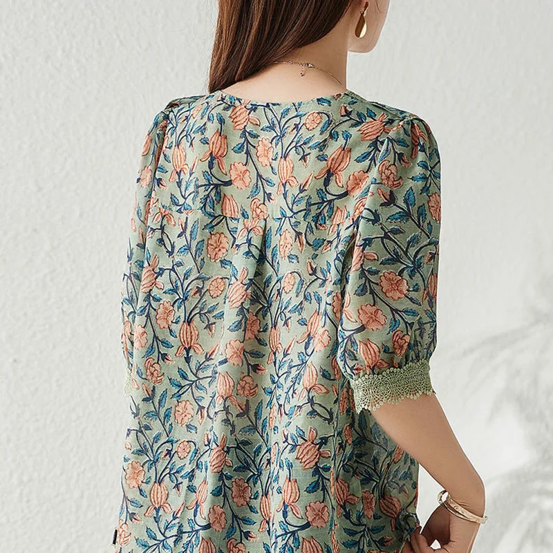 Elegant V-Neck Lace Printed Ruffles Puff Sleeve Oversized Chiffon Blouse Summer Casual Tops Loose Women\'s Clothing Commute Shirt