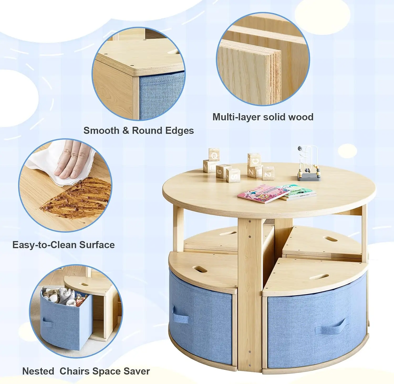 Round Kids Table 4 Chairs Set Toddler Activity Table Storage Bins Under Each Stool Wooden Kids Table Play Art Reading Snacks Spa