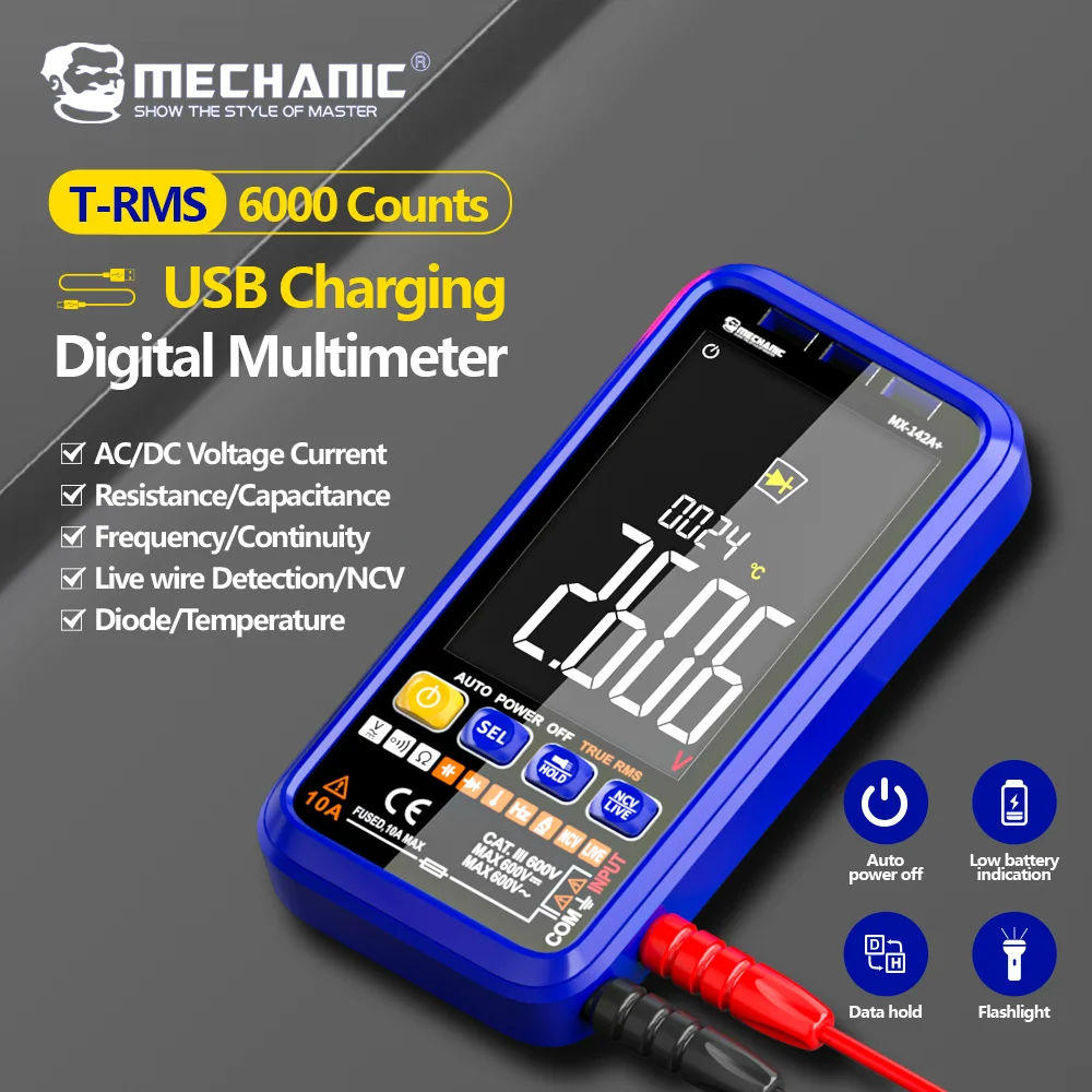 

MECHANIC High-Definition Large Screen Rechargeable Digital Multimeter AC/DC Voltage Current True RMS Capacitance Ohm Hz Tester