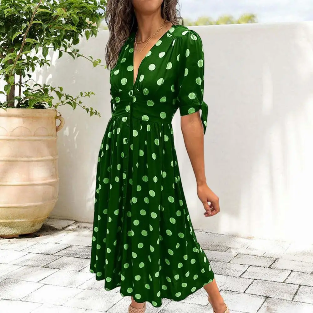 

A-line Dot Dress Stylish Dot Print V Neck Midi Dress Slim Waist A-line Silhouette Lace-up Cuff for Summer Commute Dating Summer