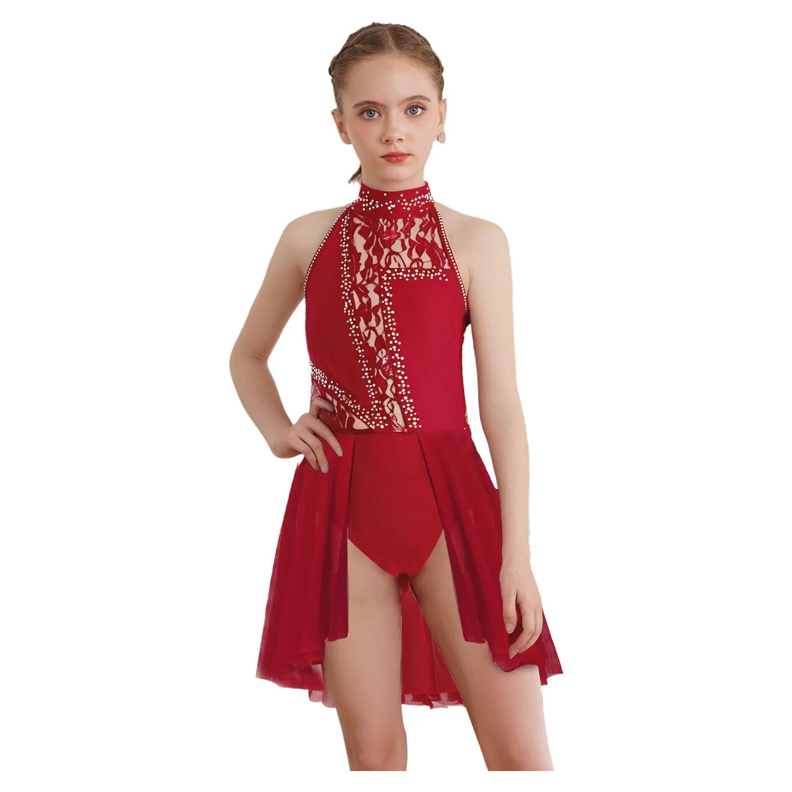 

Kids Girls Floral Lace Lyrical Dance Dress Rhinestones Cutout Back Leotard Dress Child Modern Figure Skatng Performance Clothes