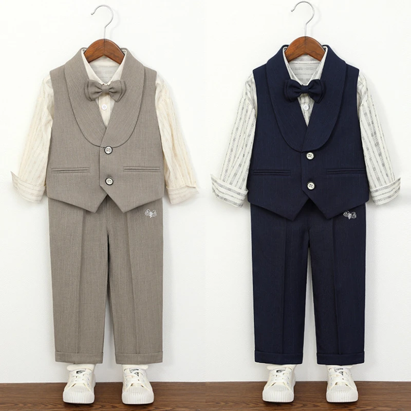 Kids Vest Suit Boys Shirt Bow Tie Cuffed Trousers Formal Tuxedo for Wedding Page Boy School Graduation Piano Performance Outfit