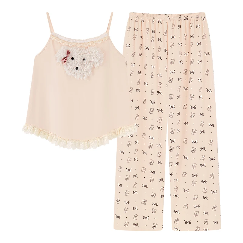 

Women's Sleepwear Modal Ice Silk Pajamas Set With Chest Pads Pyjamas Female Sleeveless Sling Tops And Pants Nightwear For Summer