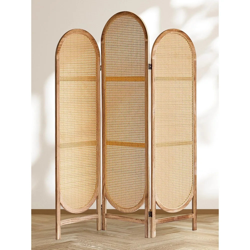 3 Panel Room Dividers and Folding Privacy Screens, Hand-Made Rattan Room Divider with Bi-Directional Hinge, Pre-Assembled Wood P