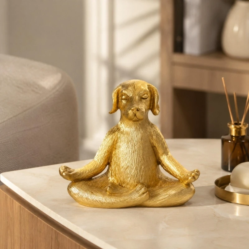 Living Room Dog Statue Accent with Meditating Pose for Shelf and Desk Display, Small Figurine for Bedroom Entryway Table J0MC