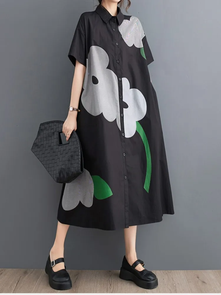 Oversized Summer Midi Shirts Dress Women Flower Print Fashion Ruffle Pleated Ladies Dresses Short Sleeve Loose Woman Dress