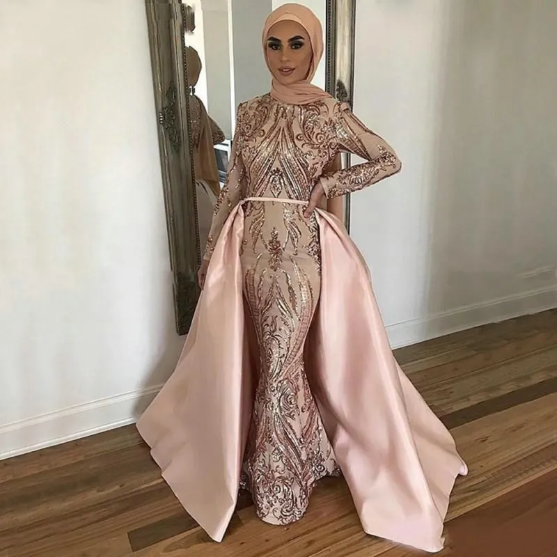 Dubai-Vestidos De encaje De manga larga para baile De graduación, traje De Noche Formal árabe musulmán con lentejuelas, desmontable