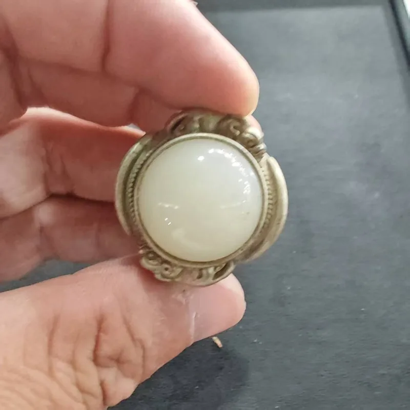 Retro Chinese Scroll Pattern Ring Round Cabochon Imitation Jade Silver Plated Open Adjustable Unisex Finger Ornament