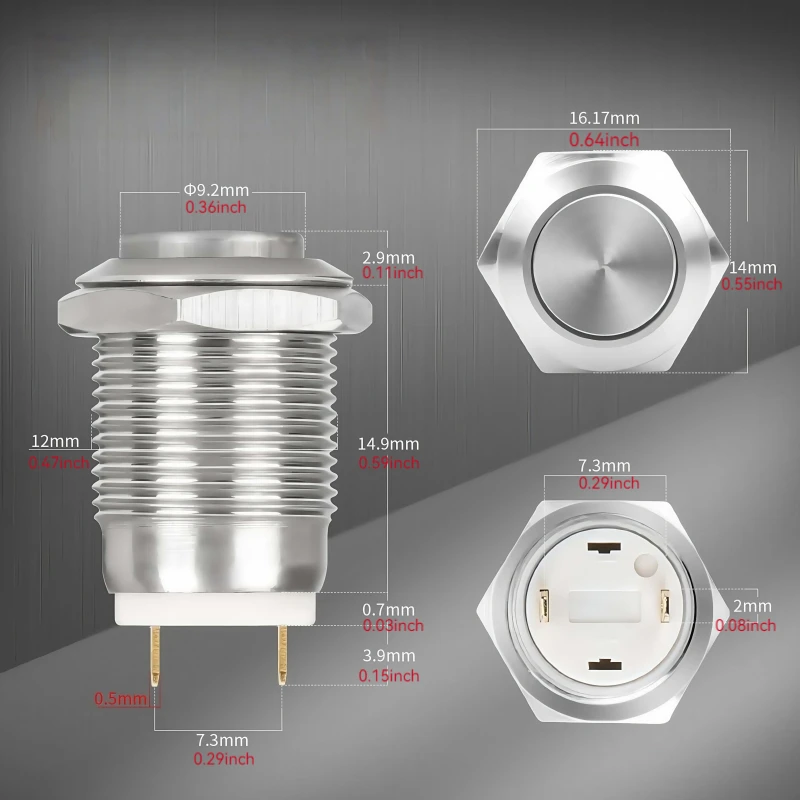 12mm Momentary Push Button Switch 12V-48V 1A  Waterproof Power Pushbutton Small Round Chrome Stainless Metal 2pin N/O