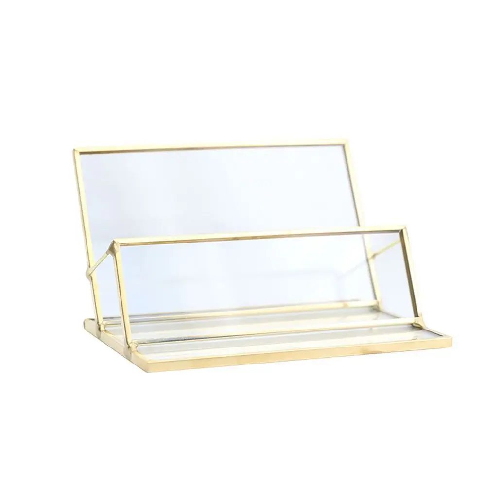 Metal Glass Business Card Holder Stand Durable Elegant Vintage Clear Golden Edge Holder Professional Business Card Organizer