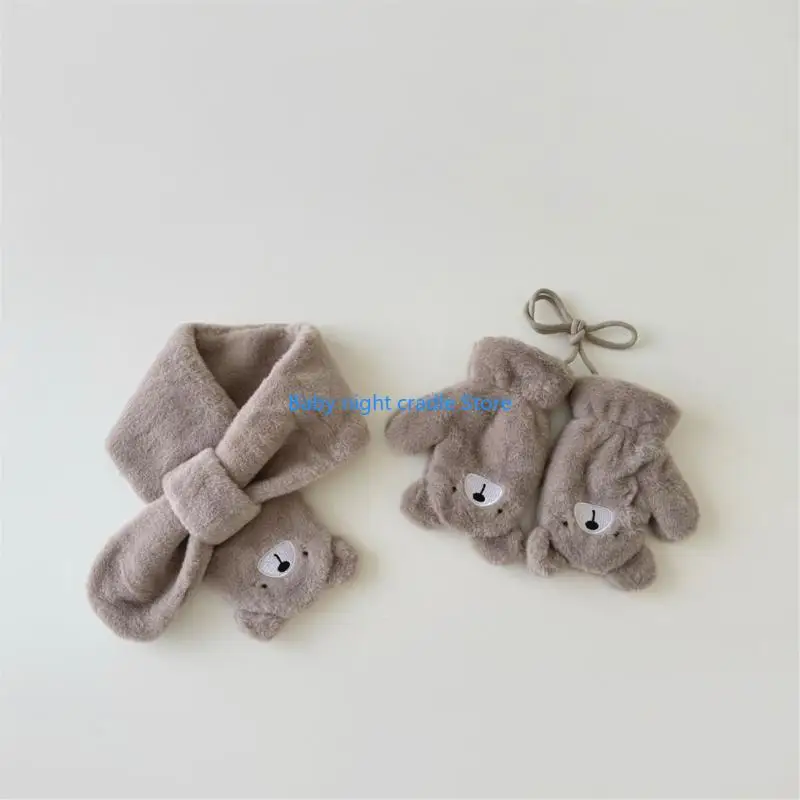 J2FF Kids Winter Gloves/Neck Scarf Thicken Warm Mittens Cartoon Bear Mittens Windproof Full Finger Gloves/Neckerchief Trendy