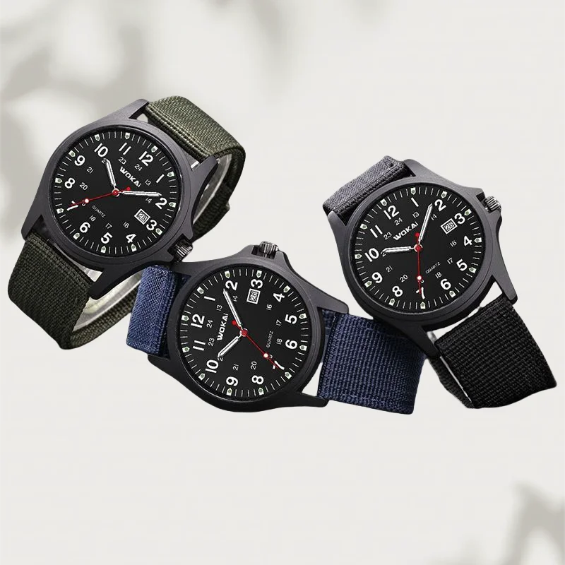 Прочные уличные камуфляжные часы — автоматический кварцевый механизм, прочный холщовый ремешок, минималистичный дизайн