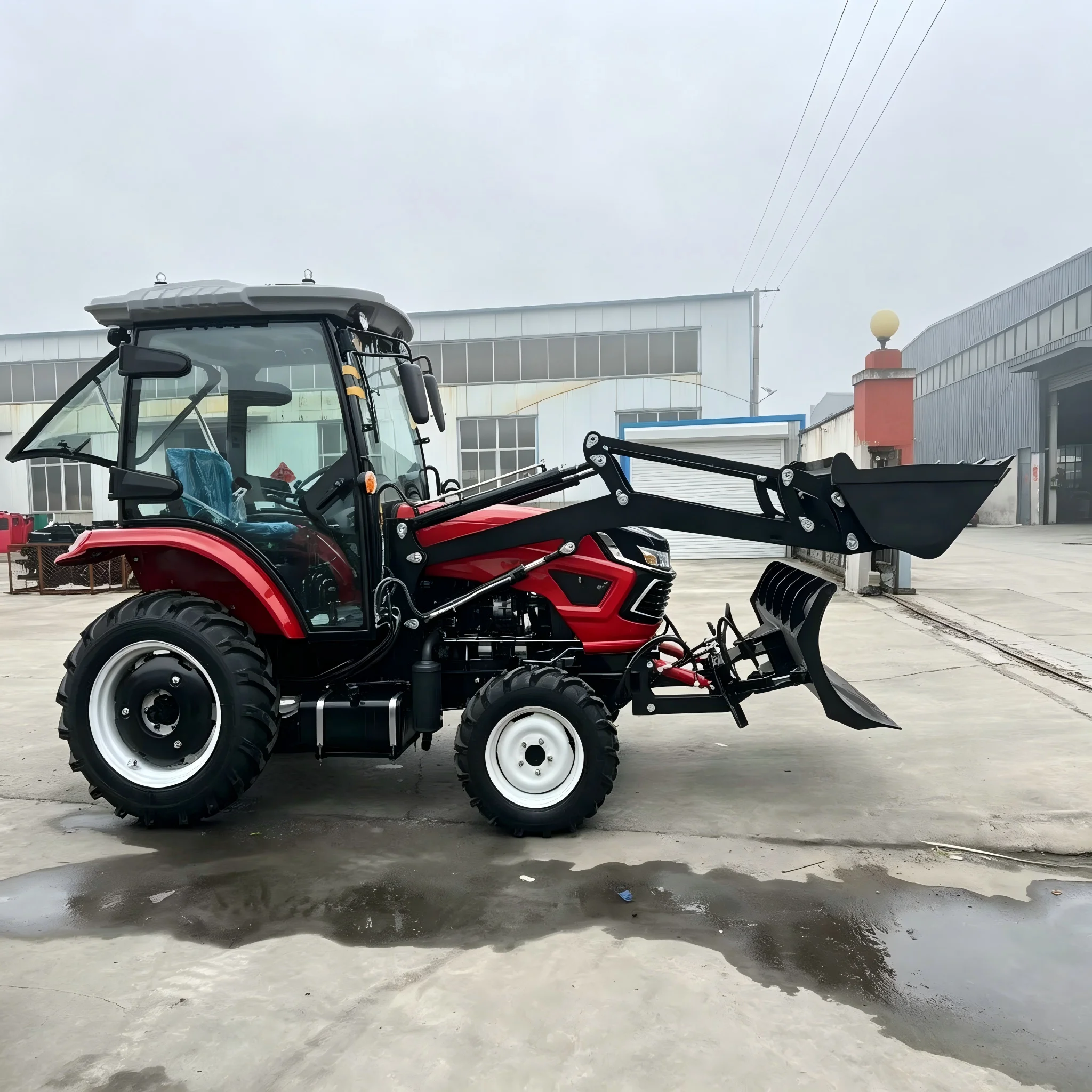 Compact 4WD Farm Tractor with Cabin, Front Loader & Plow, Multifunctional Machine for Farming and Snow Clearing