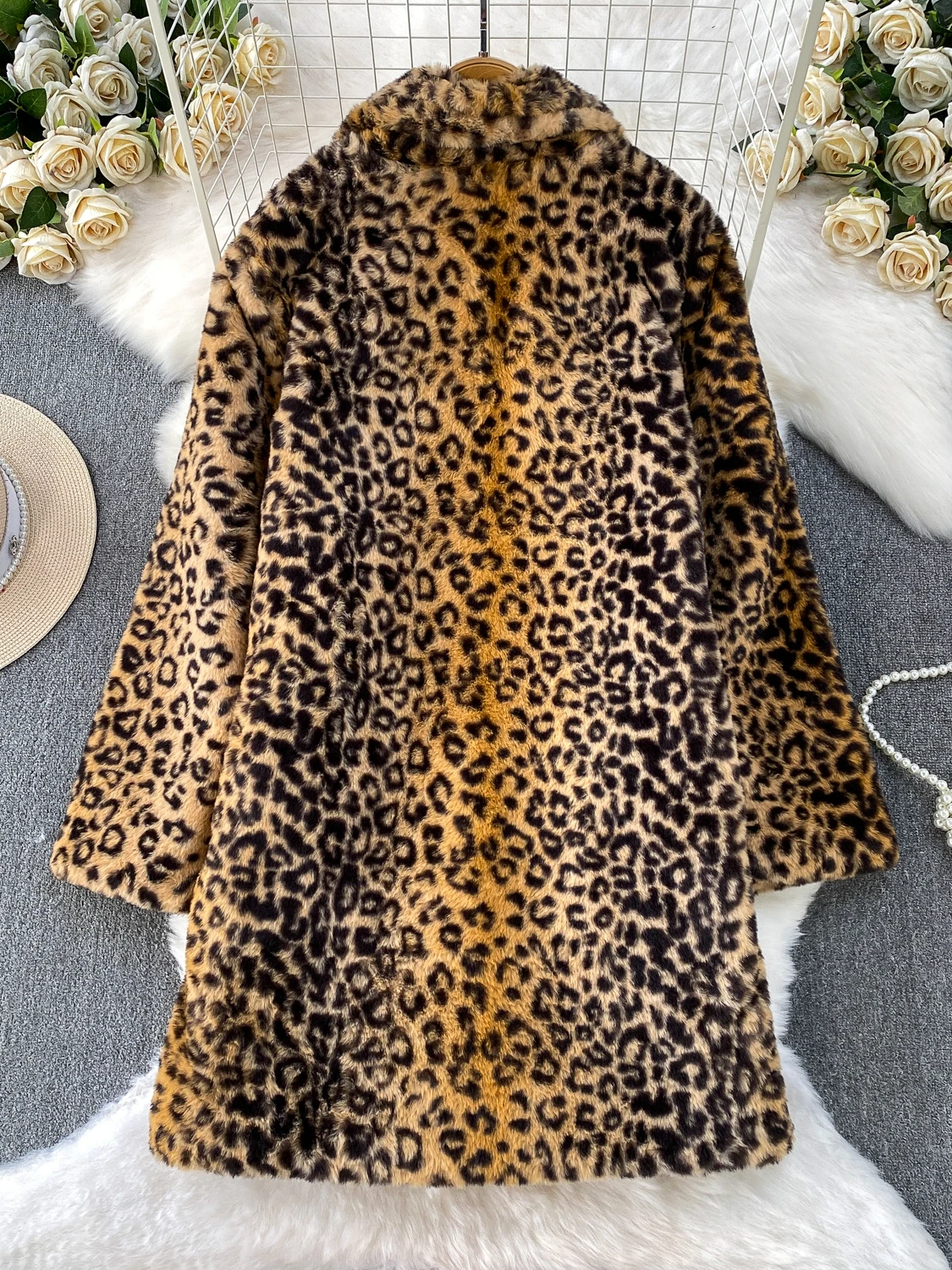 Ele Thiened معطف فرو منك طويل بطبعة الفهد للنساء شتوي Jaet ملابس خارجية أصلية فضفاضة