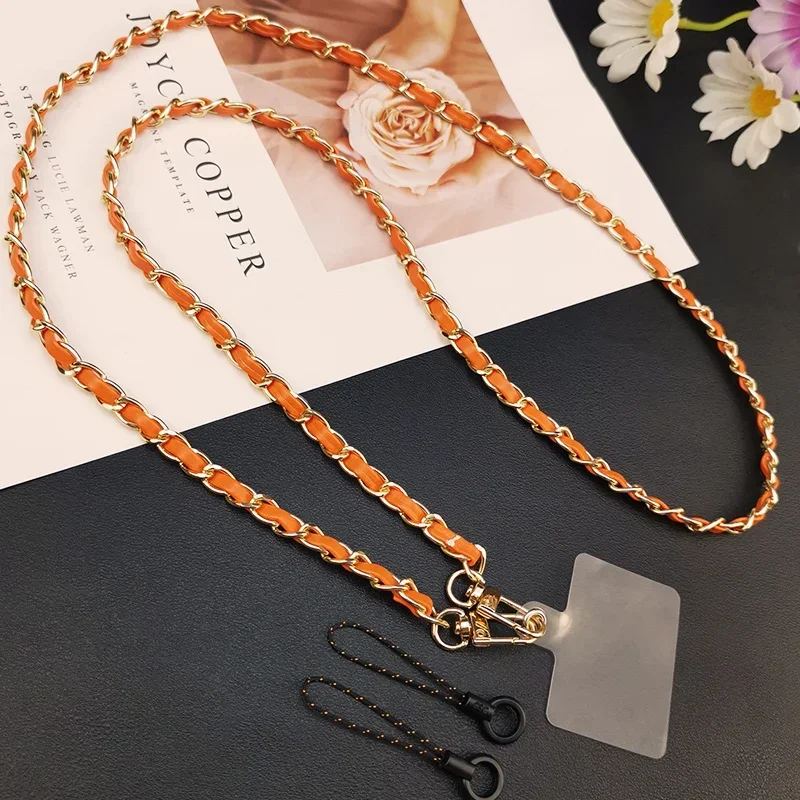 Mobile Phone Lanyard Strap Crossbody Hanging Chain Leather Metal Chain Mobile Phone Case Patch Rope Charm  Rope for Phone