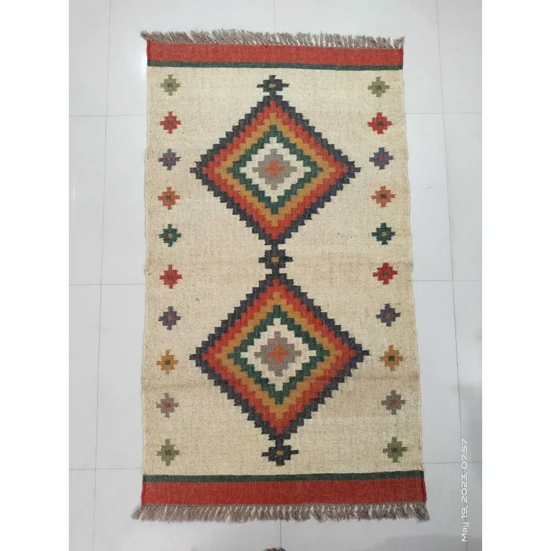 Rug Kilim Jute Wool Geometric Oriental Area Rug Tribal Carpet Flat-Weave Rug