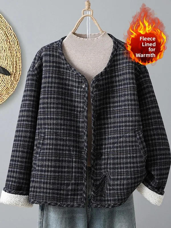 Faionable Artistic Fce Lined Woolen Coat Large Size Women's Double ket Long Sve round Ne Plaid Cotton Outerwear