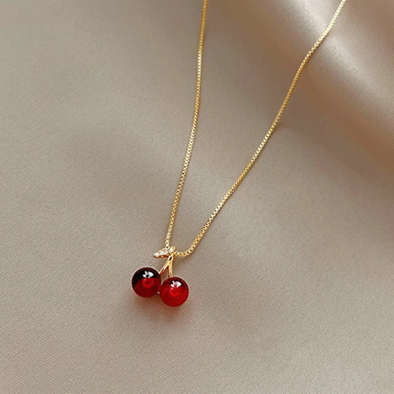 Red Cherry Necklace for Women Korean Luxury Pendant Necklaces Temperament Clavicle Chain Accessories Alloy Female Jewelry Gifts