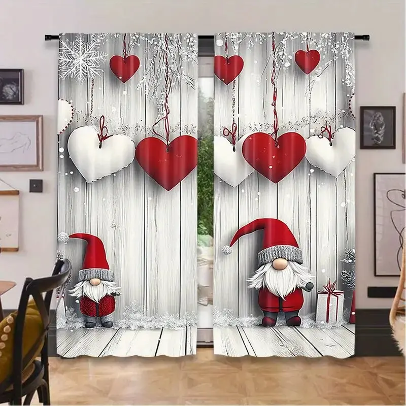 

2pcs - Christmas Festival Christmas Winter Festival Dwarf pattern printed curtains, home decoration, room decoration