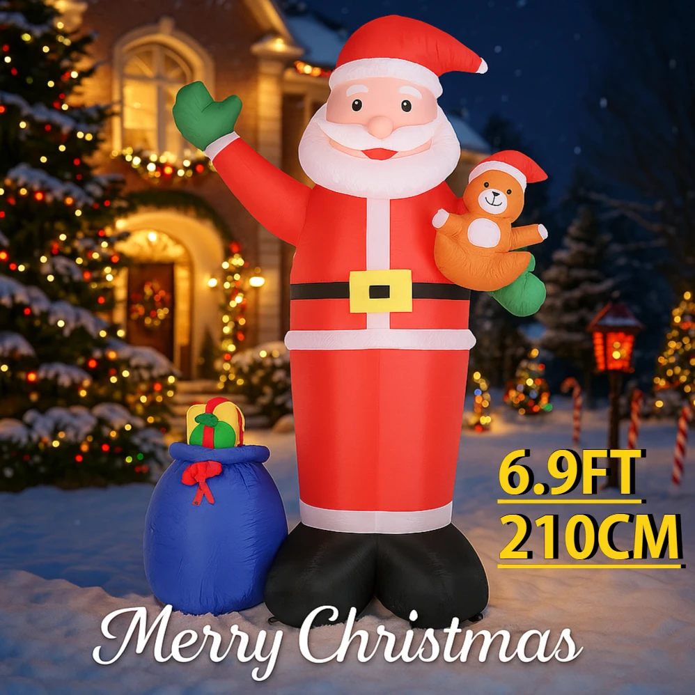 6.9FT Inflatable Toy Santa Claus Gift Bag Teddy Bear LED Lit Festive Christmas Gifts Xmas Yard Lawn Party Decor  Home Decoration