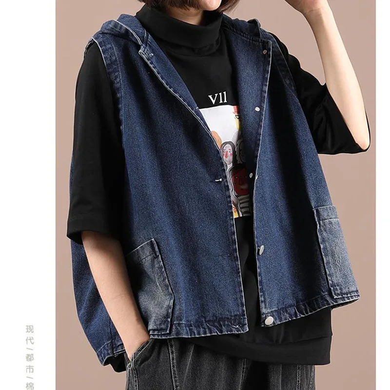 Wiosna Jesień Kobiety Drukowanie Kowbojska kurtka bez rękawów Koreańska damska kamizelka dżinsowa z kapturem Top 2025 Femme Moda Krótka kamizelka Płaszcz