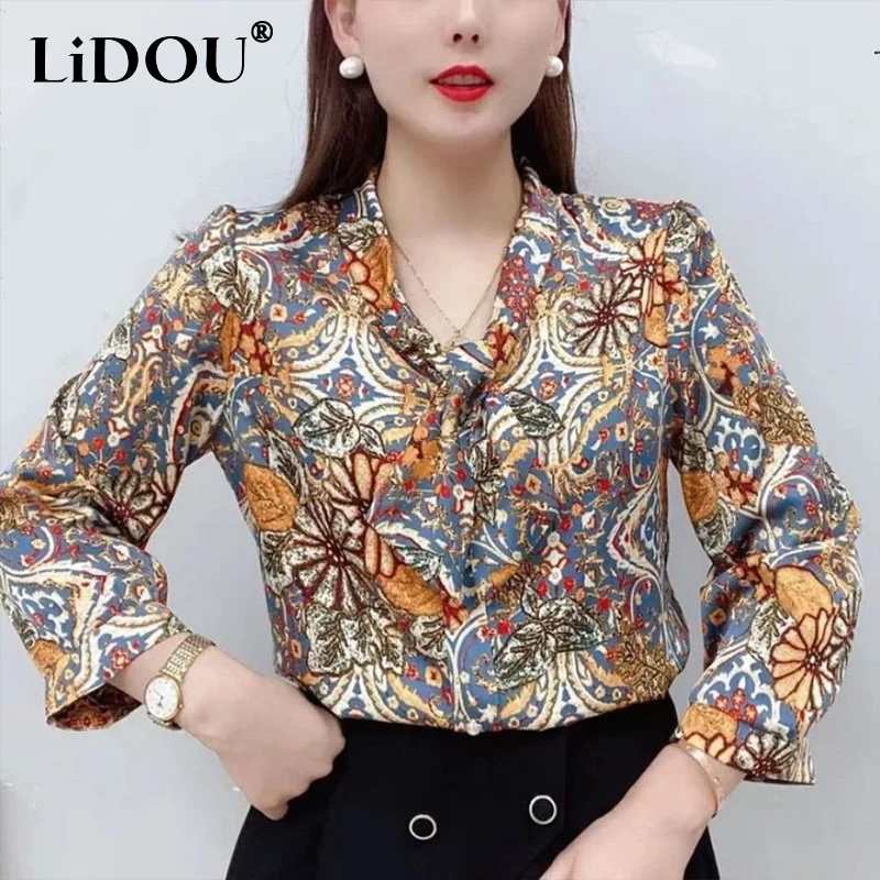 2023 New Summer Korean Fashion Vintage Long Sleeve Blouses Elegant Grace Aesthetic Shirt Print Loose V-neck Ruffle Top Women