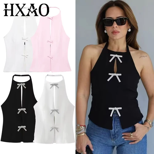 HXAO-Top Halter con lazo para mujer, camisetas sin mangas y camisola con diamantes de imitación y mariposa, Tops cortos con espalda descubierta para mujer, camiseta sin mangas, chaleco 2025