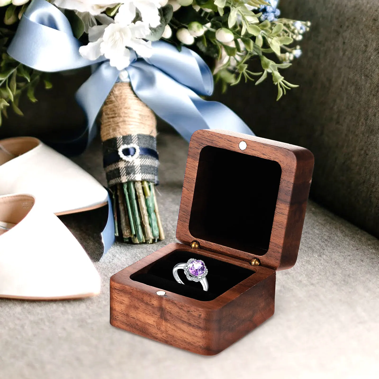 Wooden Ring Box Luxury Ring Storage Case for Engagement Rings Wedding Bands Earrings Jewelry Protection Anti Scratch Non