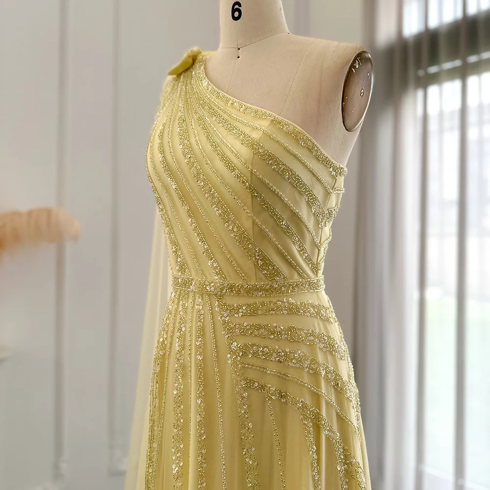 Sharon Said Yellow One Shoulder Luxury Dubai Evening Dress with Cape Side Slit Formal Prom Gowns Wedding Party SS326 Customized