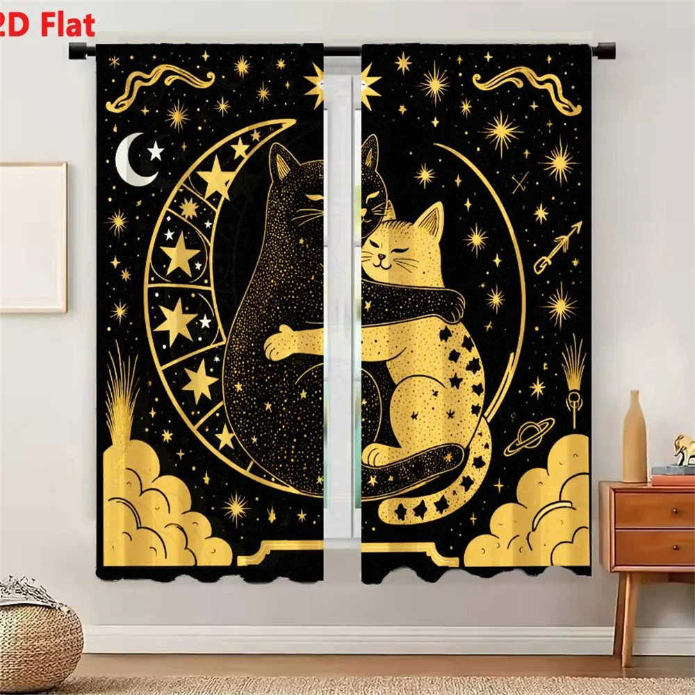 2Pcs Curtains 2D Flat Black And Gold Whimsical Illustration Two Cats Embracing On Crescent Moon With Celestial Symbols And Golde
