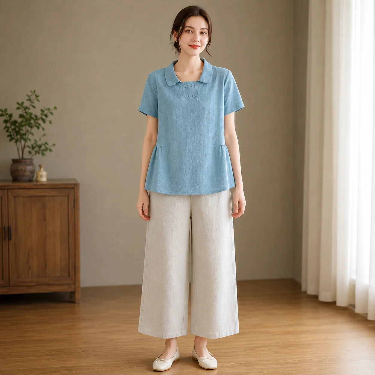 EOENKKY Women Cotton Linen Jacquard Blouse Short Sleeve Loose Fit Turn Down Collar Summer Tunic Top M-2XL