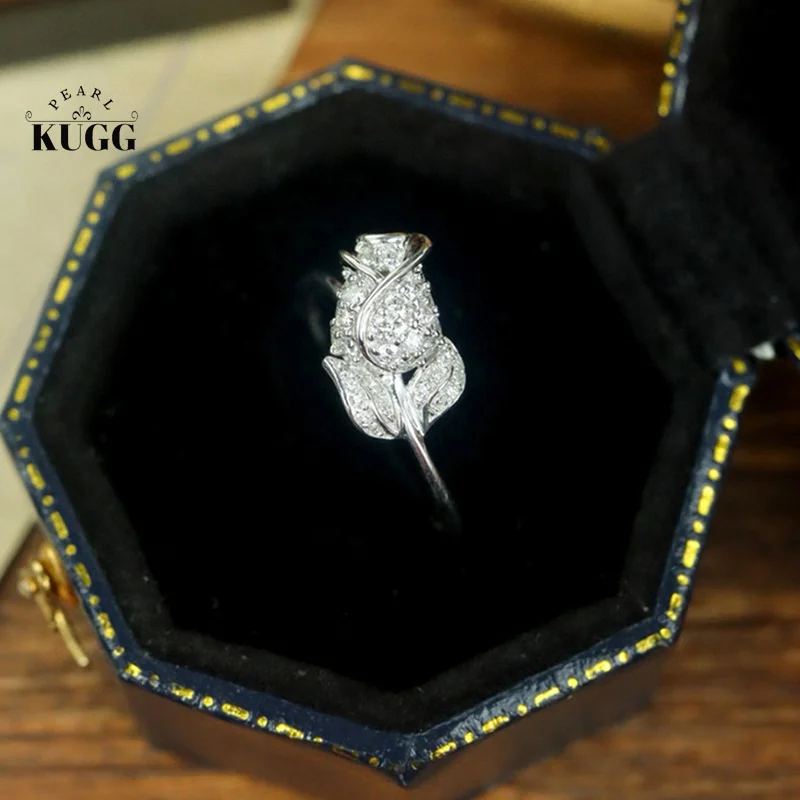 KUGG 100% 18K White Gold Rings 0.30carat Real Natural Diamond Engagement Ring Women Romantic Rose Shape High Anniversary Gift